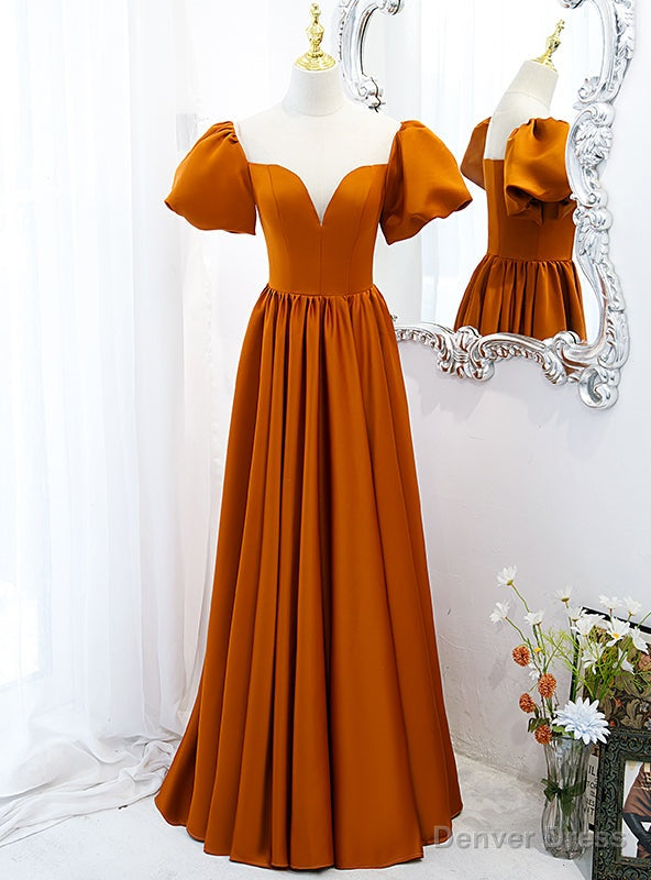 Orange Satin Puff Sleeve Illusion Neck Prom Dresses
