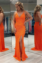 Orange Sequins Backless Prom Dresses with Slit