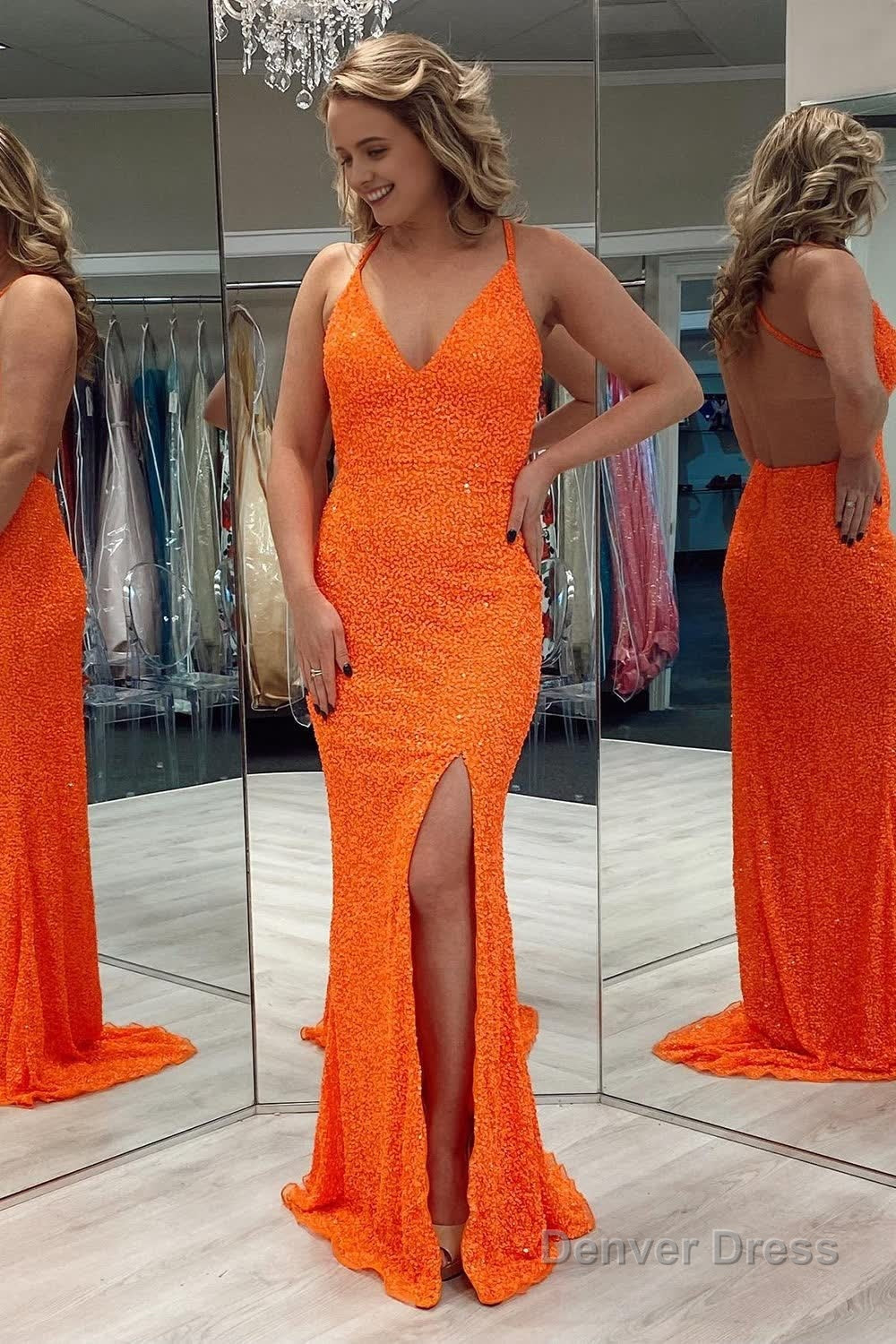 Orange Sequins Backless Prom Dresses with Slit