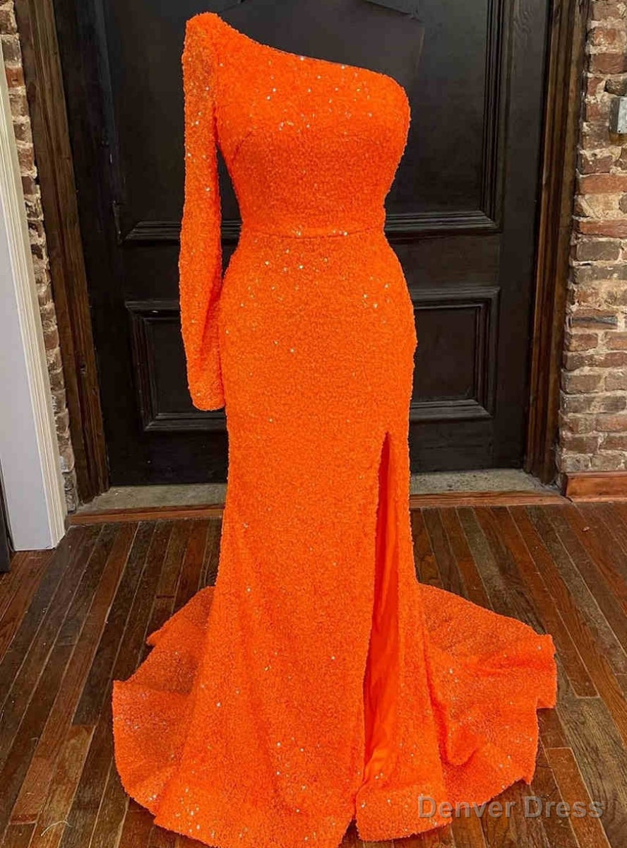 Orange Sequins Long Sleeve Split Prom Dresses