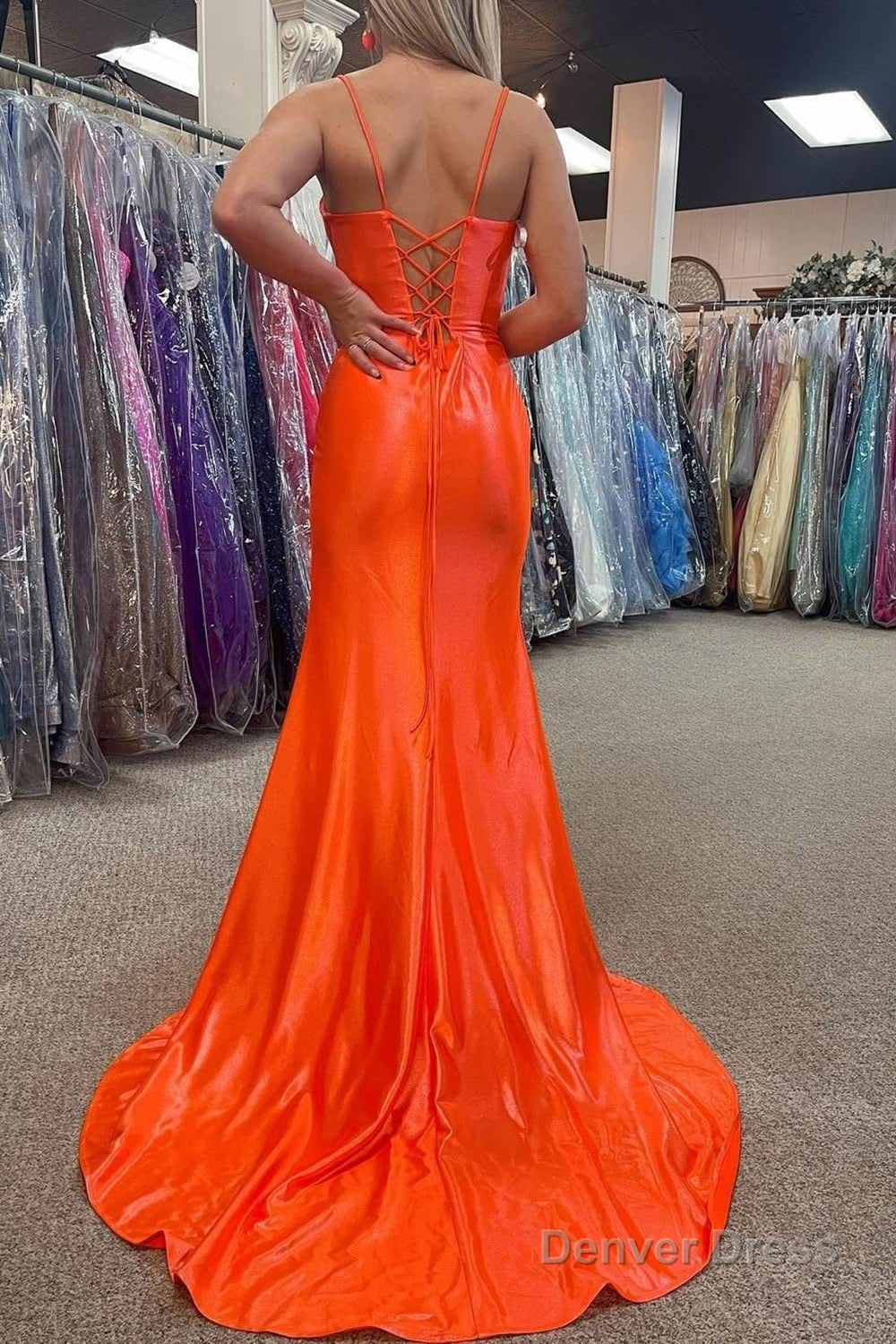 Orange Sheath Long Prom Dresses with Slit