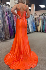 orange sheath long prom dress with slit