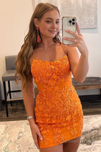 Orange Short Tight Homecoming Dresses with Lace Beading