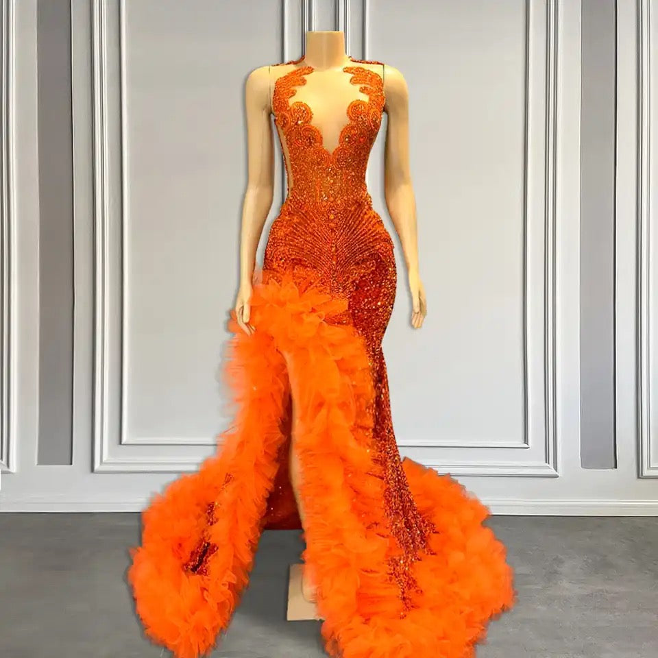 Orange Sleeveless Mermaid Prom Dress With Side Slit And Tulle Beadings