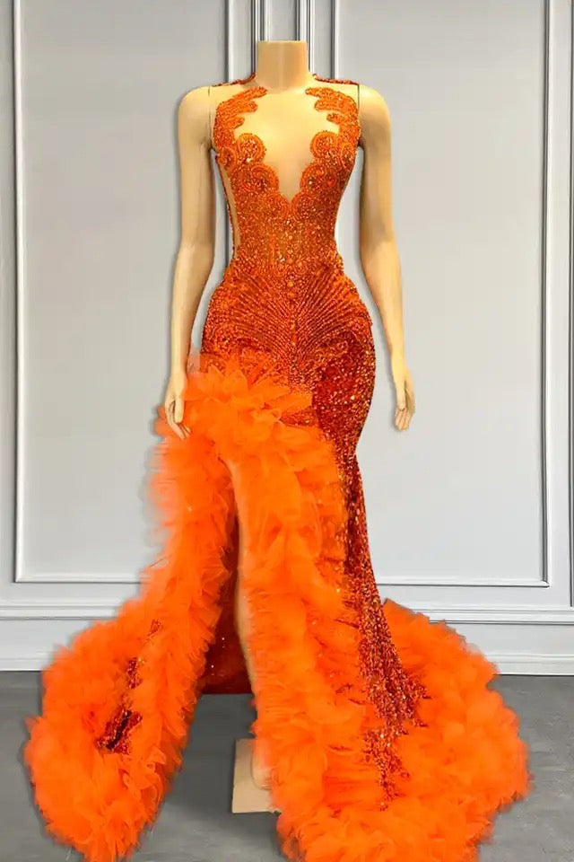 Orange Sleeveless Mermaid Prom Dress With Side Slit And Tulle Beadings