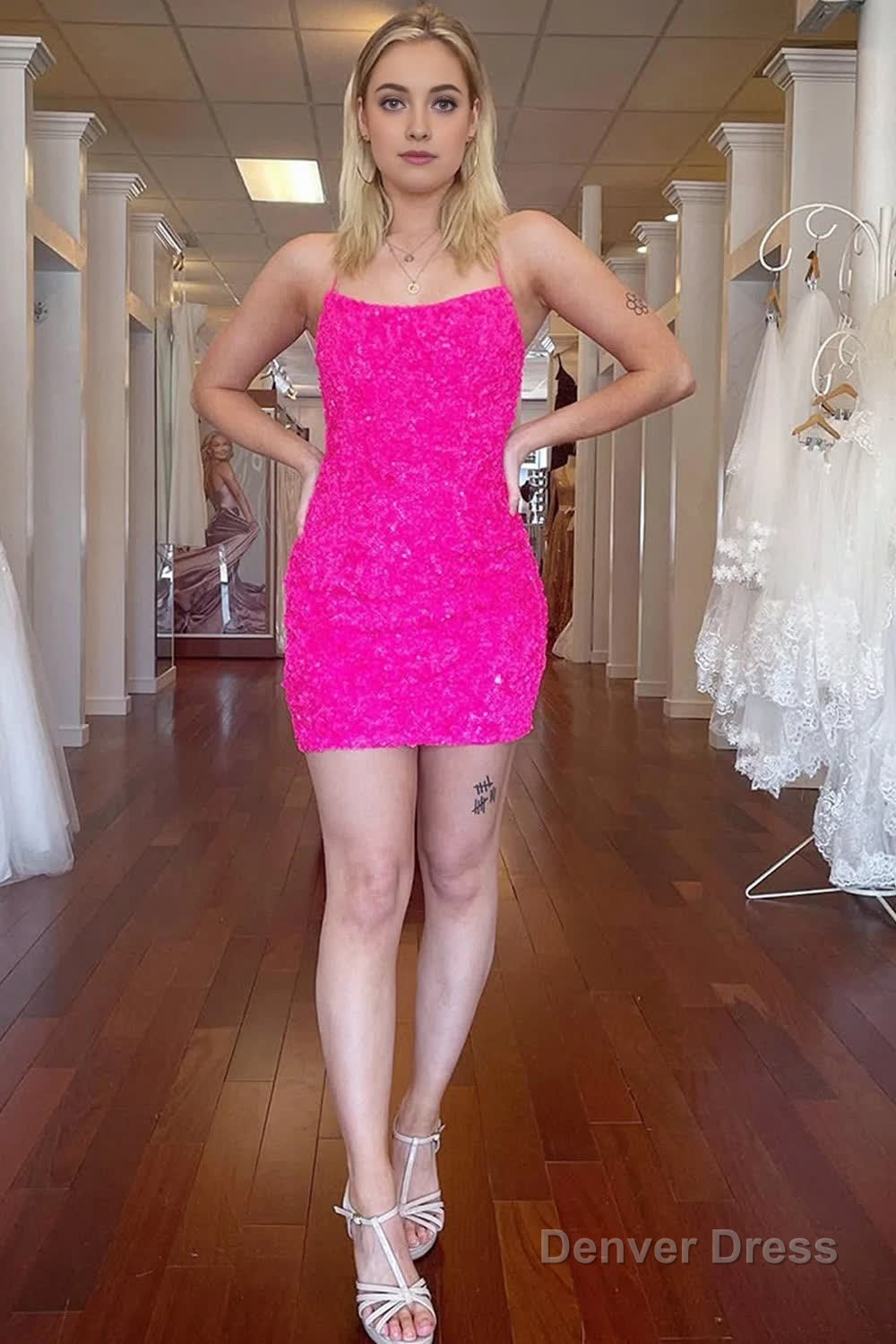 Orange Spaghetti Straps Backless Sequins Tight Homecoming Dresses
