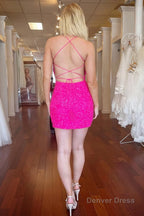 Orange Spaghetti Straps Backless Sequins Tight Homecoming Dresses