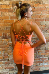 orange spaghetti straps homecoming dress