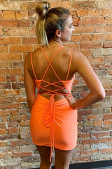 orange spaghetti straps homecoming dress