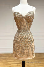 Orange Spaghetti Straps Tight Short Homecoming Dresses with Appliques