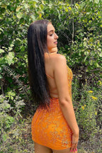 Orange Spaghetti Straps Tight Short Homecoming Dresses with Appliques