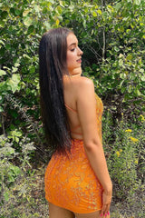 orange spaghetti straps tight short homecoming dress with appliques