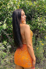 orange spaghetti straps tight short homecoming dress with appliques