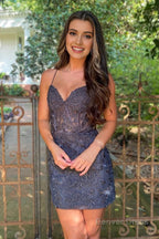 Orange Spaghetti Straps Tight Short Homecoming Dresses with Appliques