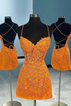 Orange Spaghetti Straps Tight Short Homecoming Dresses with Appliques