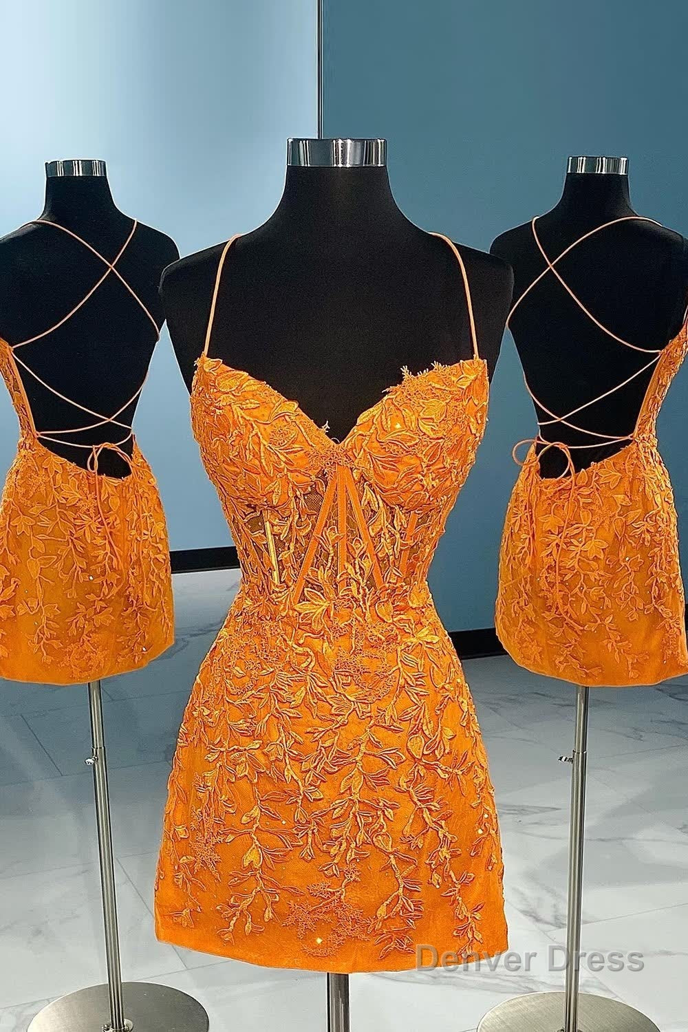 Orange Spaghetti Straps Tight Short Homecoming Dresses with Appliques