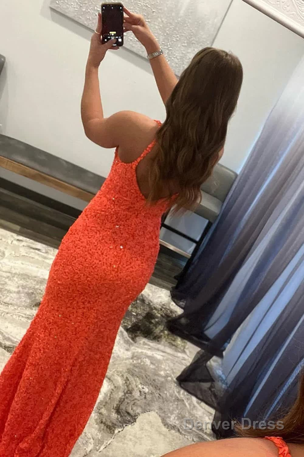 Orange Sparkly Mermaid V Neck Sequins Long Prom Dresses Secondary image