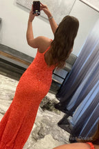 Orange Sparkly Mermaid V Neck Sequins Long Prom Dresses