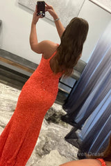 orange sparkly mermaid v neck sequins long prom dress