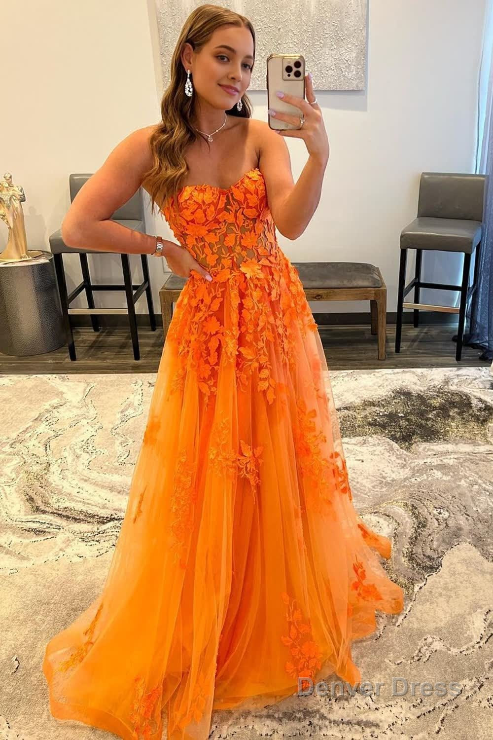 Orange Sweetheart Long Prom Dress with Appliques Main image