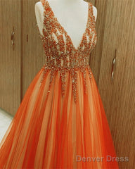 Orange Tulle Ball Gown Beaded V-Neck