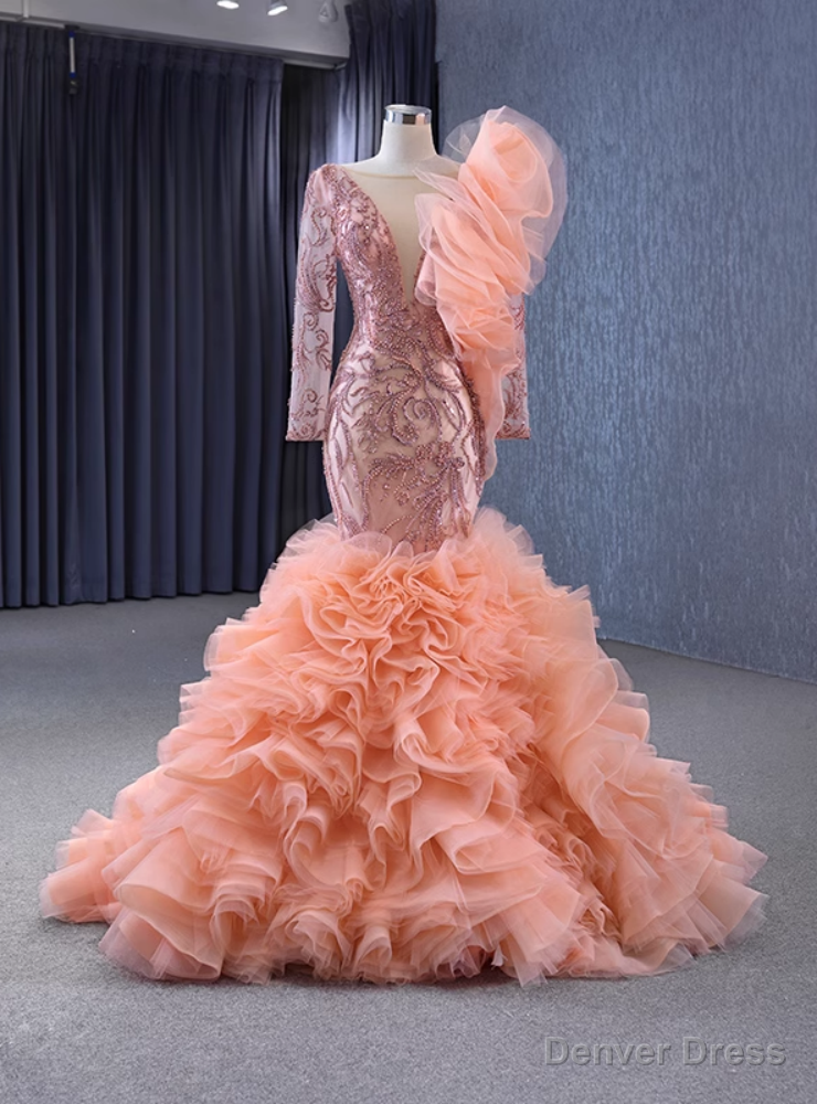 Orange Tulle Beading Long Sleeve Prom Dresses Main image