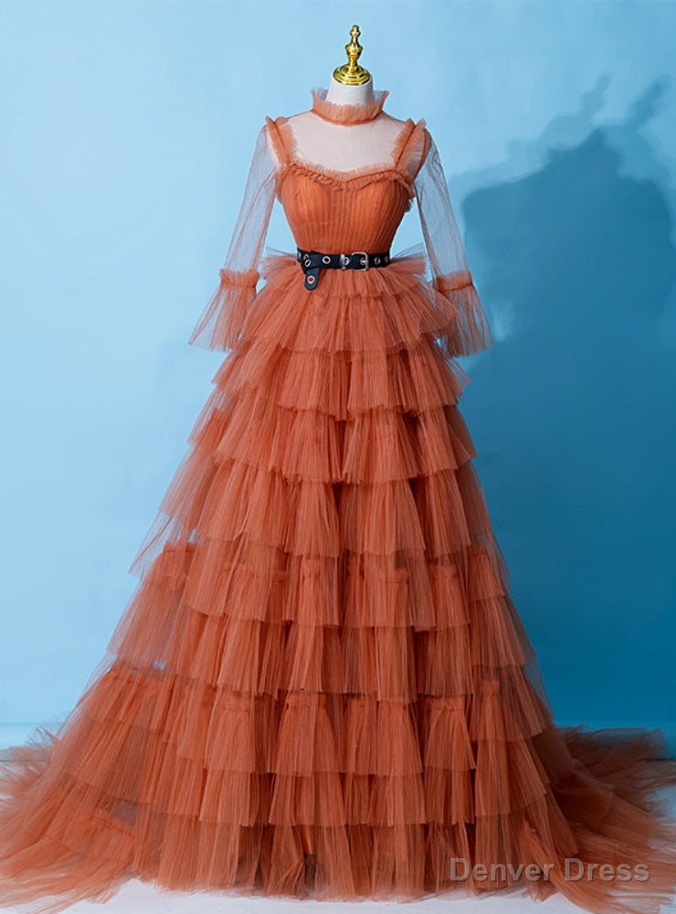Orange Tulle Long Sleeve Tiers Prom Dresses