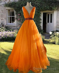 Orange Tulle Plunge Neck Ball Gown