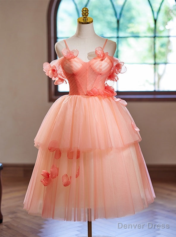 Orange Tulle Spaghetti Straps Tiers Flower Homecoming Dresses Main image