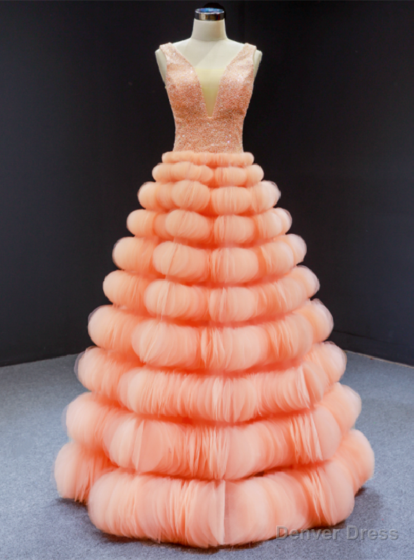 Orange Tulle Tiers V Neck Backless Beading Prom Dresses