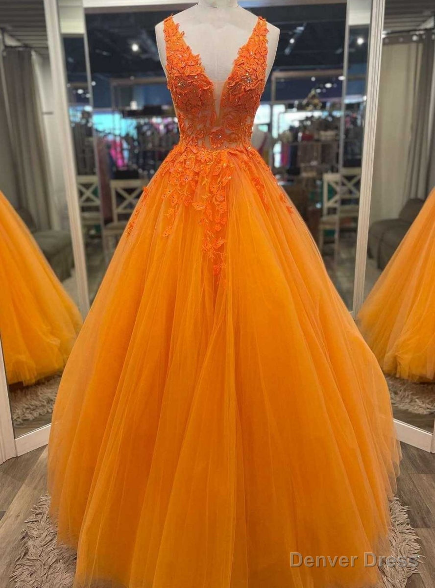Orange Tulle V Neck Appliques Prom Dresses