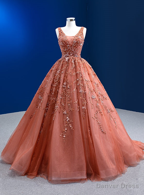 Orange Tulle V Neck Beading Sequins Prom Dresses