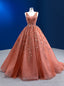 Orange Tulle V Neck Beading Sequins Prom Dresses