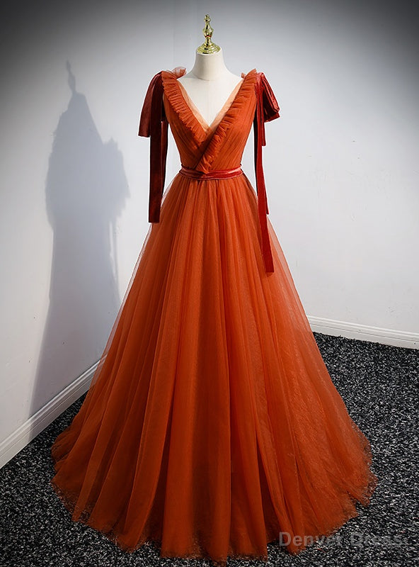 Orange Tulle V Neck Pleats Sleeveless Prom Dresses