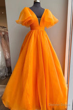Orange V Neck Long Prom Dress, A Line Short Sleeve Prom Dresses