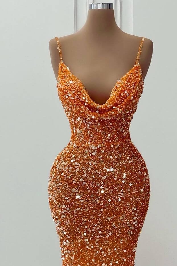 Orange Gorgeous Shiny V-Neck Mermaid Slim Spaghetti Straps Long Sequined Ball Gowns Prom Dress Secondary image