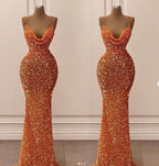 Orange Gorgeous Shiny V-Neck Mermaid Slim Spaghetti Straps Long Sequined Ball Gowns Prom Dress