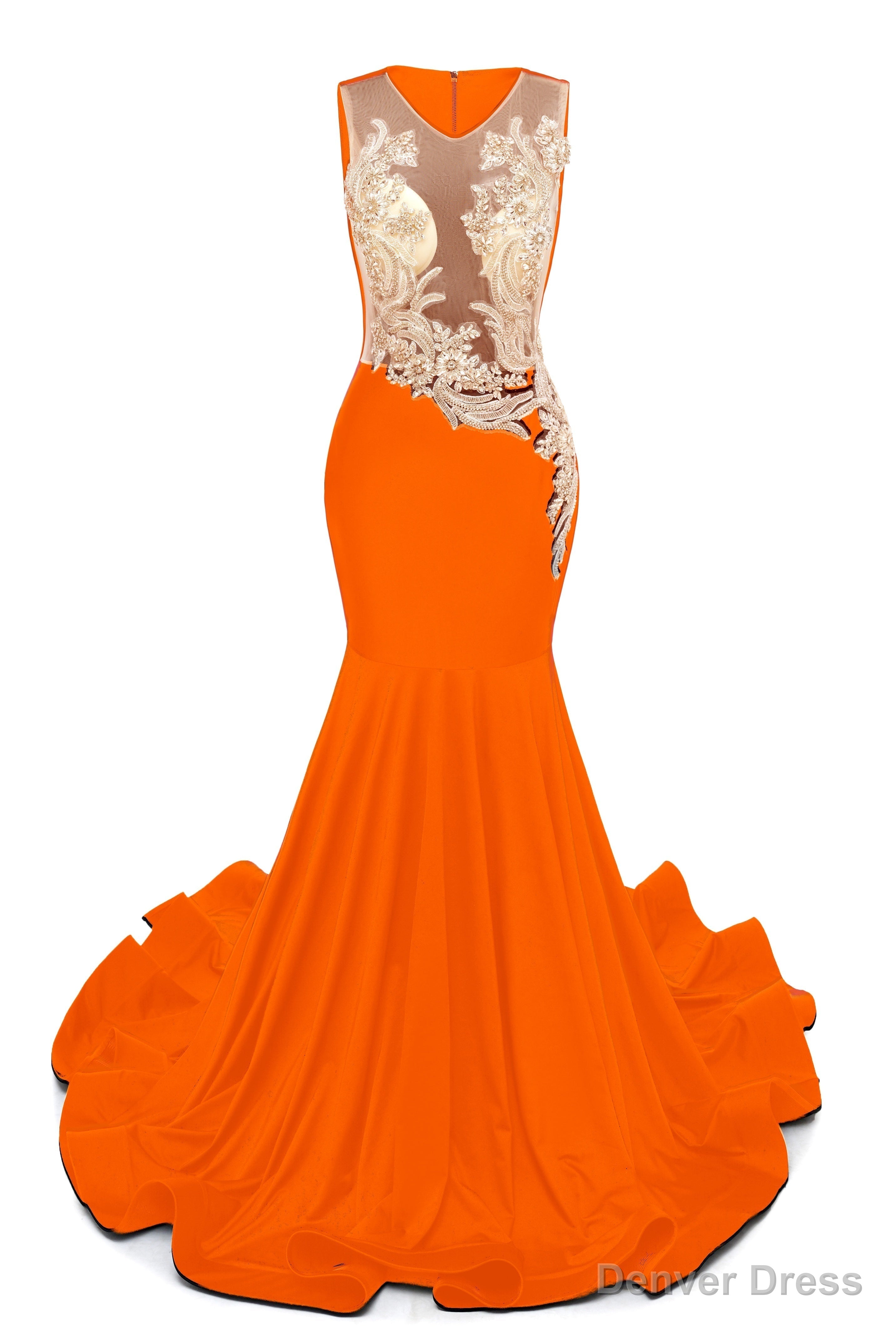 Orange V-Neck Sheer Corset Prom Dresses Beaded Mermaid Long Train Evening Gowns Main image