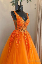 Orange V Neck Tulle Lace Long Prom Dress, A Line Backless Prom Dresses