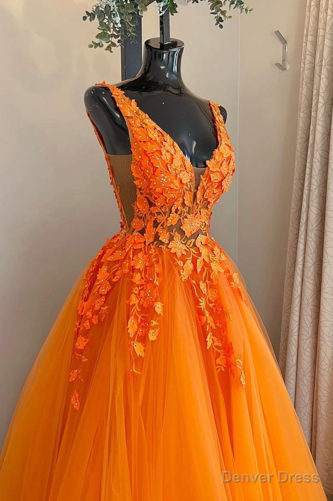 Orange V Neck Tulle Lace Long Prom Dress, A Line Backless Prom Dresses