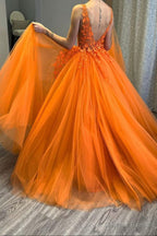 Orange V Neck Tulle Lace Long Prom Dress, A Line Backless Prom Dresses