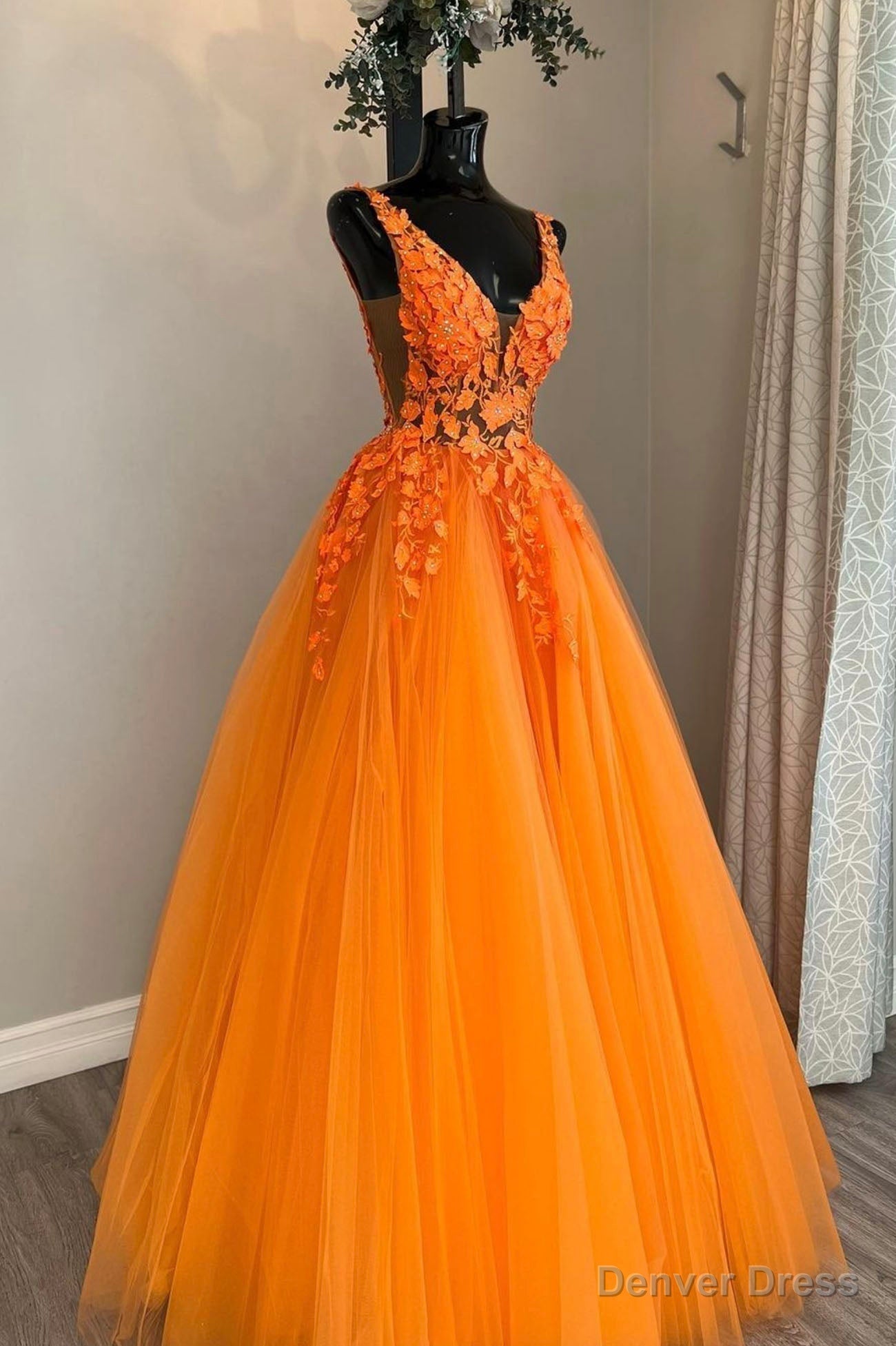Orange V Neck Tulle Lace Long Prom Dress, A Line Backless Prom Dresses