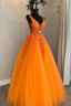 Orange V Neck Tulle Lace Long Prom Dress, A Line Backless Prom Dresses