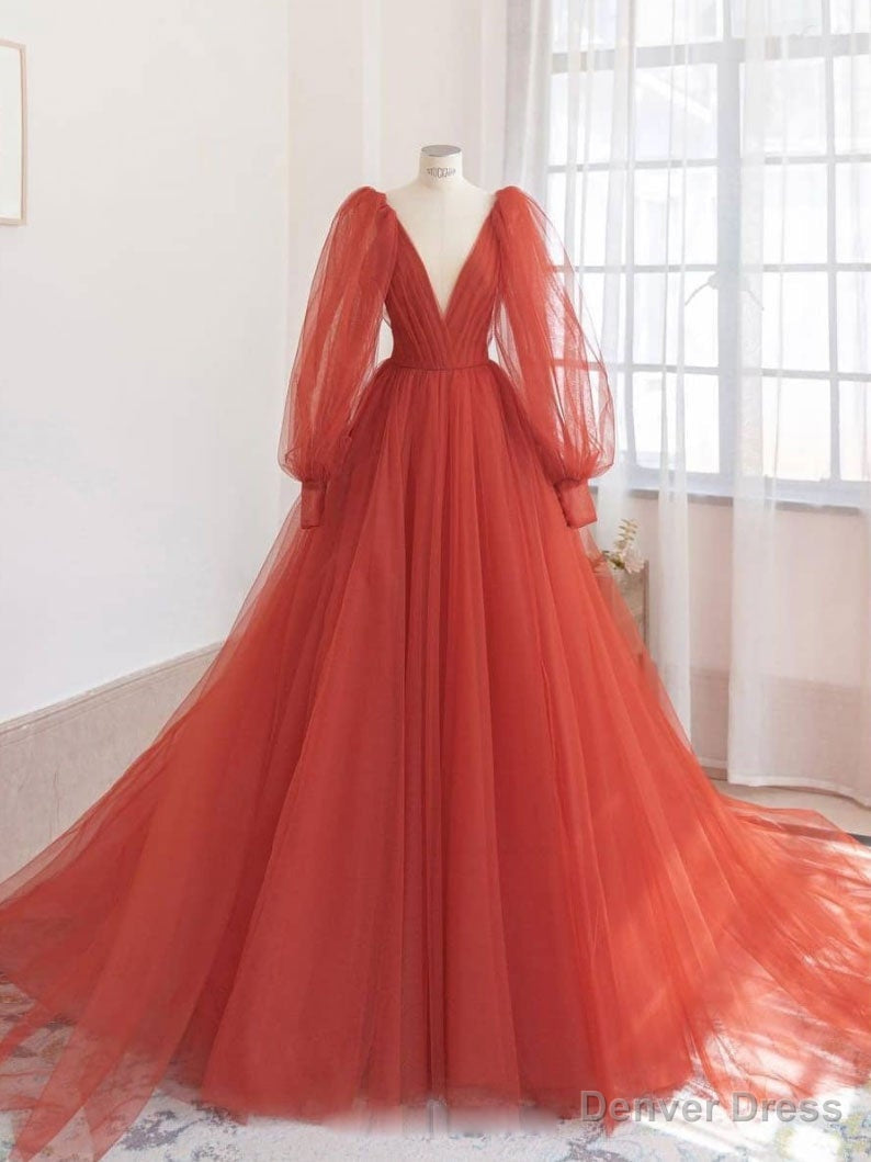 Orange v neck tulle long prom Dress, orange Prom Dresses