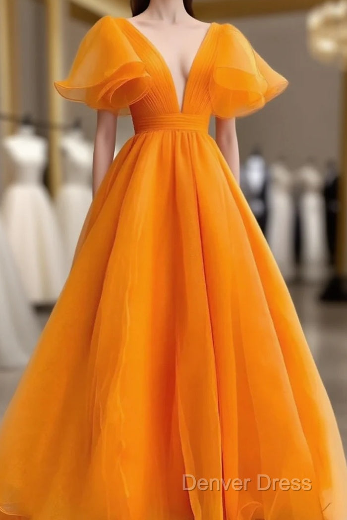 Orange V-Neckline Puffy Sleeves Long Party Dresses, A-Line Organza Prom Dresses