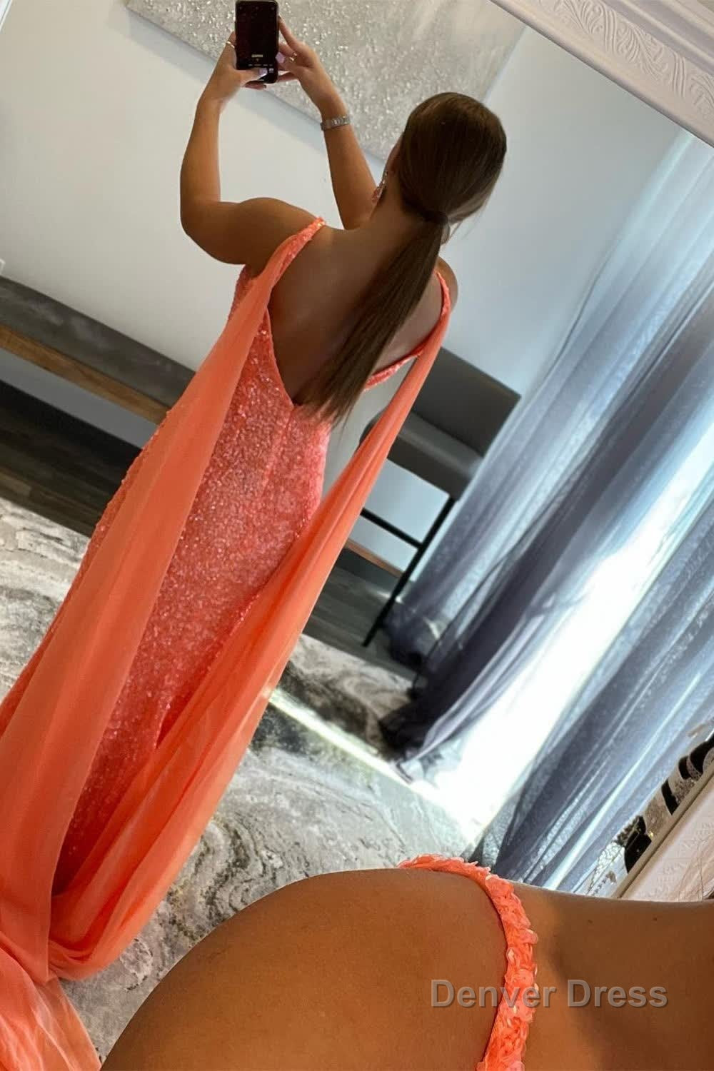 Orange Watteau Train Sequins Long Prom Dresses