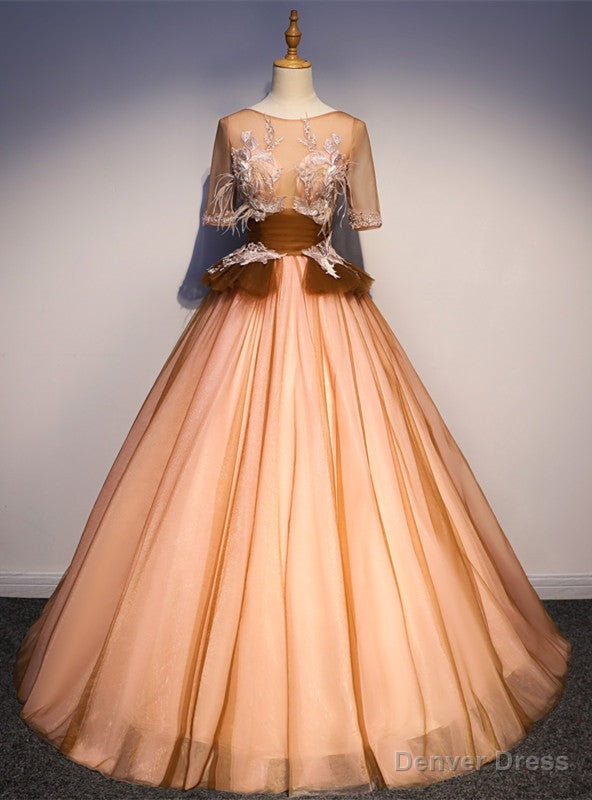 Orange Yellow Tulle Short Sleeve Backless Appliques Quinceanera Dresses