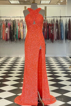 Cross Front Hot Pink Sequins Mermaid Long Formal Dresses