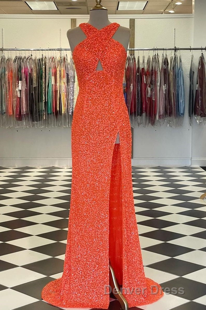 Cross Front Hot Pink Sequins Mermaid Long Formal Dresses