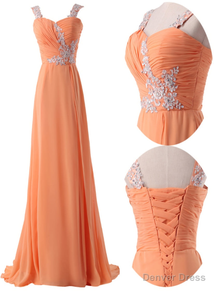 Organge Chiffon Straps Lace Applique A Line Long Prom Dress, Orange Prom Dress